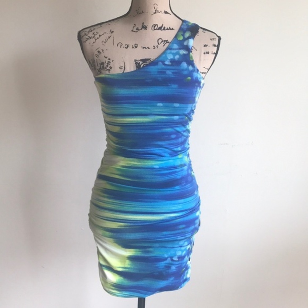 grass collection One-Shoulder Blue and Green Ruched Bodycon Dress